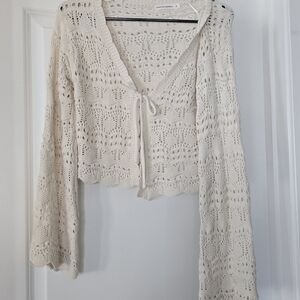 moon & madison Crochet Tie-Front Cardigan in Cream